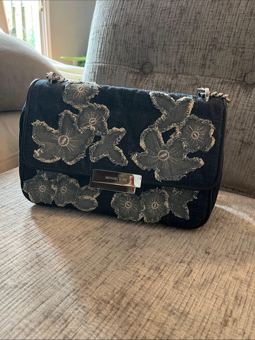 Michael Kors blue Denim Floral Applique Shoulder Bag with Chain Strap